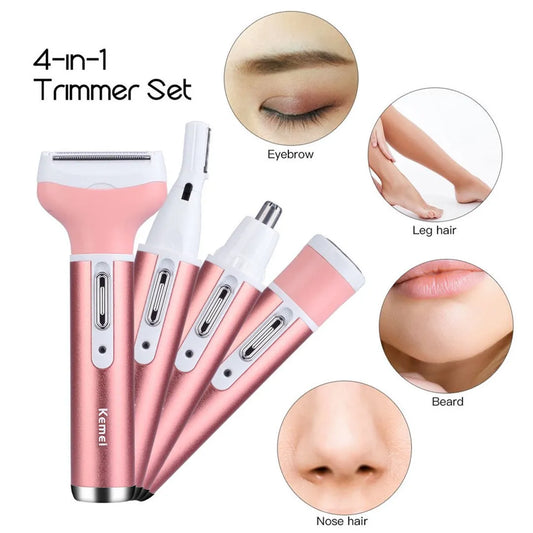 4-in-1 Rechargeable Hair Removal Trimmer for Women | Lady Shaver, Eyebrow, Nose & Facial Hair Trimmer (Pink) – CocoKart™