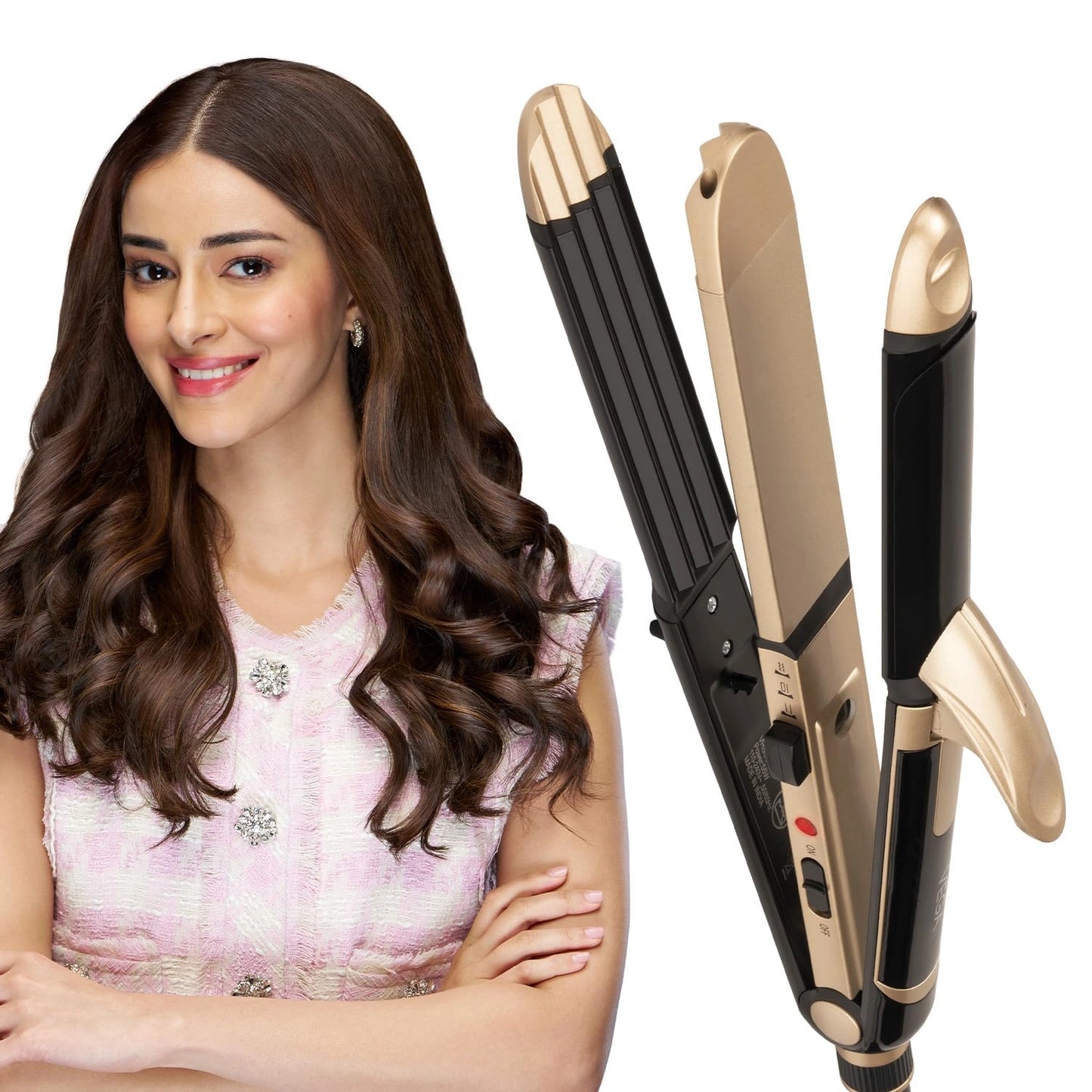 3-in-1 Hair Styler for Women | Straightener, Curler & Crimper with Ceramic Plates | Quick Heat-Up, Travel-Friendly (Gold-Black) – CocoKart™