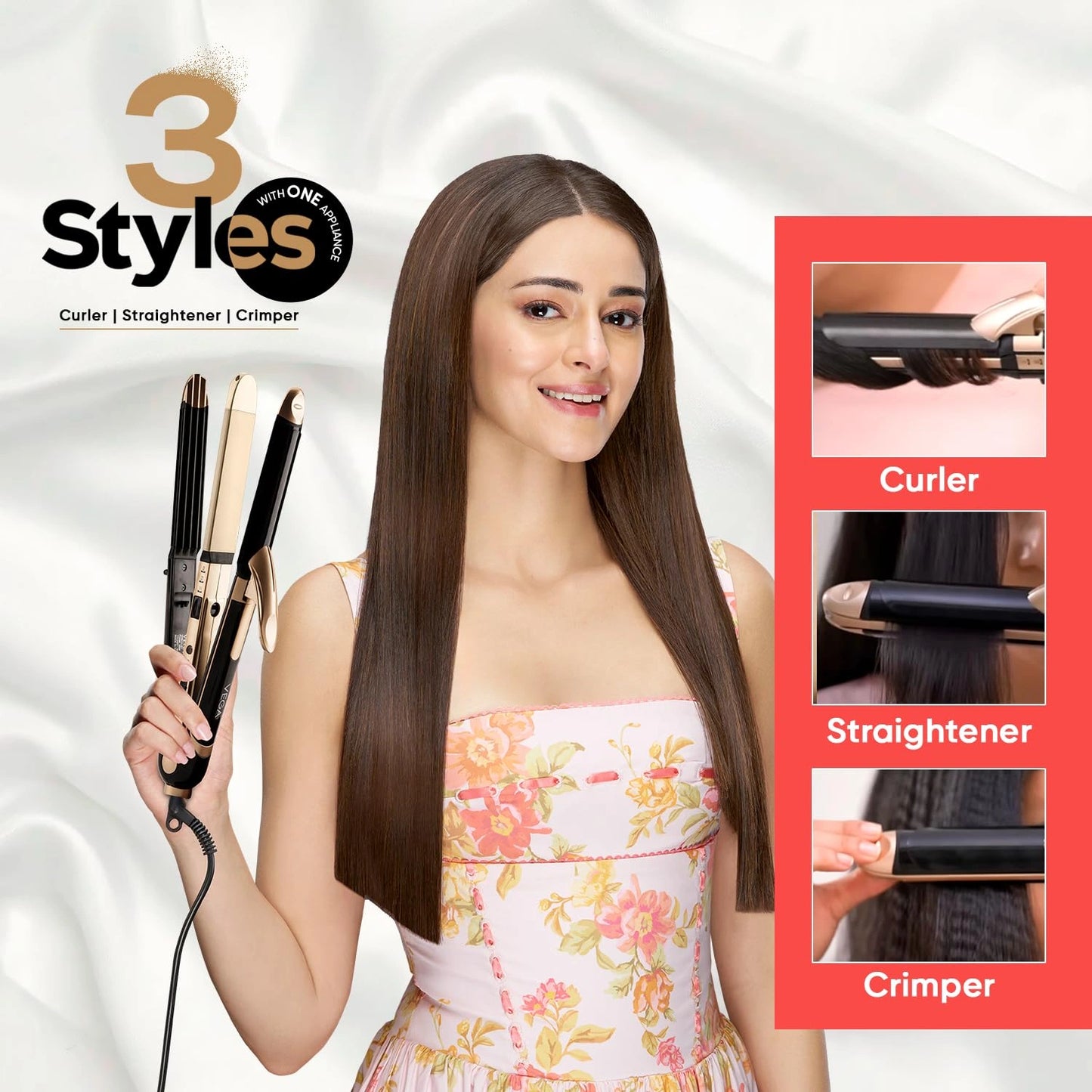 3-in-1 Hair Styler for Women | Straightener, Curler & Crimper with Ceramic Plates | Quick Heat-Up, Travel-Friendly (Gold-Black) – CocoKart™