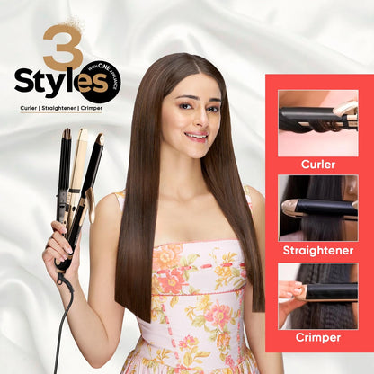 3-in-1 Hair Styler for Women | Straightener, Curler & Crimper with Ceramic Plates | Quick Heat-Up, Travel-Friendly (Gold-Black) – CocoKart™