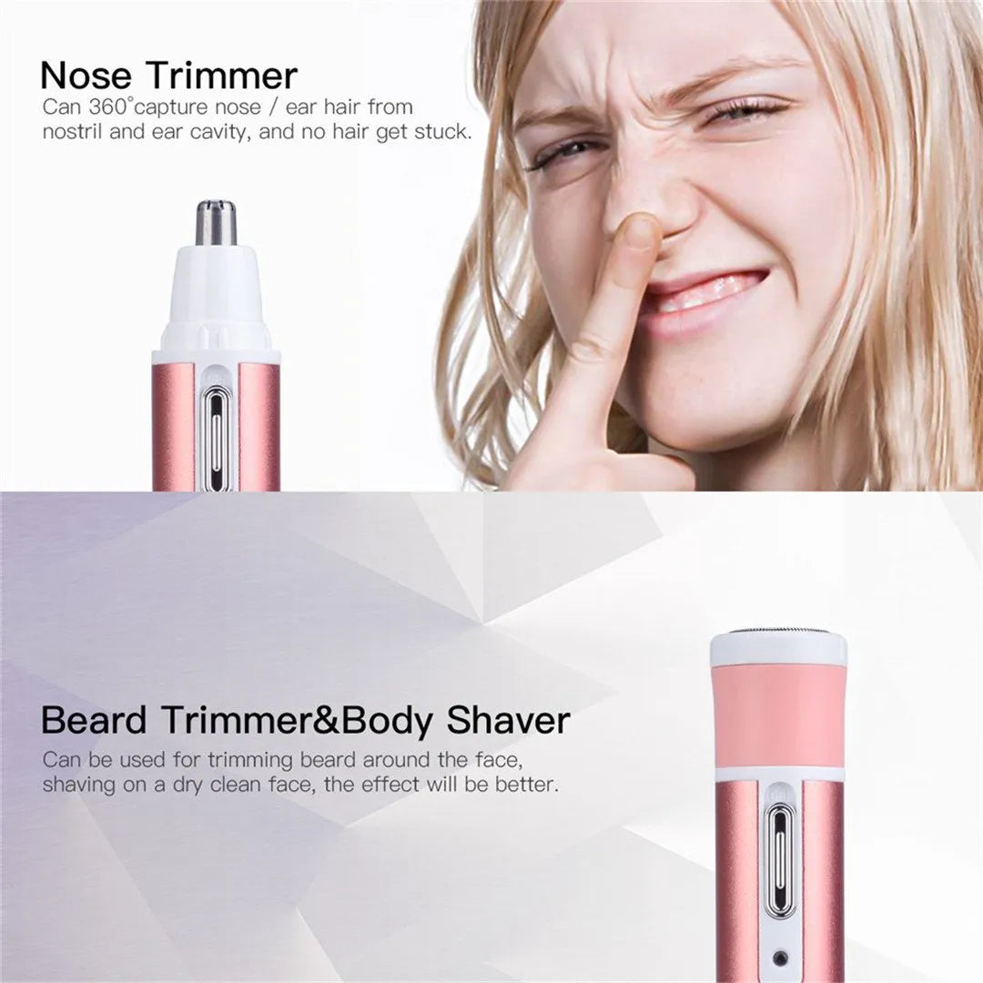 4-in-1 Rechargeable Hair Removal Trimmer for Women  | Lady Shaver, Eyebrow, Nose & Facial Hair Trimmer (Pink) – CocoKart™