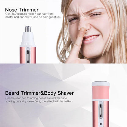 4-in-1 Rechargeable Hair Removal Trimmer for Women  | Lady Shaver, Eyebrow, Nose & Facial Hair Trimmer (Pink) – CocoKart™