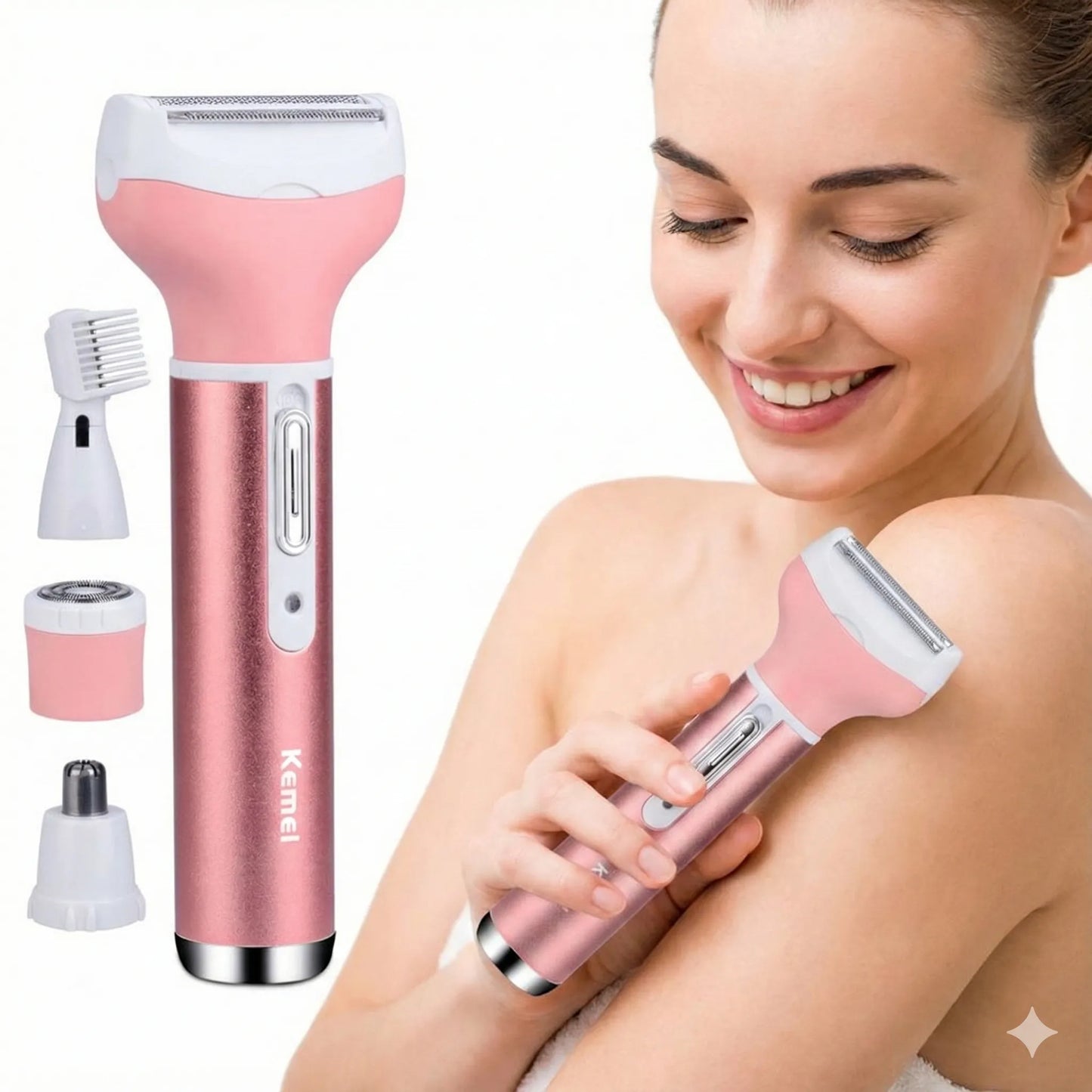 4-in-1 Rechargeable Hair Removal Trimmer for Women  | Lady Shaver, Eyebrow, Nose & Facial Hair Trimmer (Pink) – CocoKart™