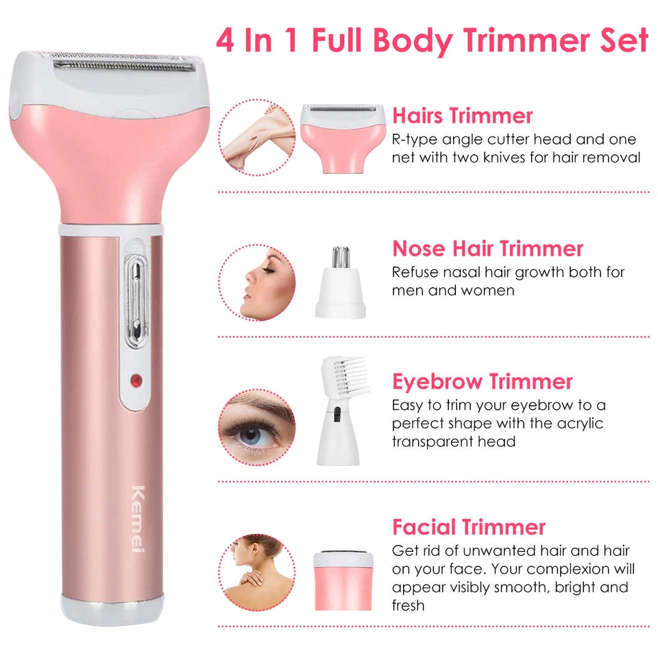 4-in-1 Rechargeable Hair Removal Trimmer for Women  | Lady Shaver, Eyebrow, Nose & Facial Hair Trimmer (Pink) – CocoKart™