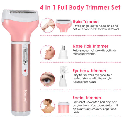 4-in-1 Rechargeable Hair Removal Trimmer for Women  | Lady Shaver, Eyebrow, Nose & Facial Hair Trimmer (Pink) – CocoKart™