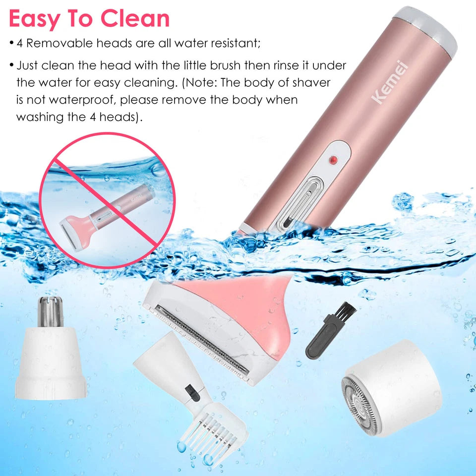 4-in-1 Rechargeable Hair Removal Trimmer for Women  | Lady Shaver, Eyebrow, Nose & Facial Hair Trimmer (Pink) – CocoKart™