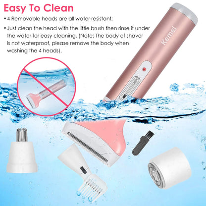 4-in-1 Rechargeable Hair Removal Trimmer for Women  | Lady Shaver, Eyebrow, Nose & Facial Hair Trimmer (Pink) – CocoKart™