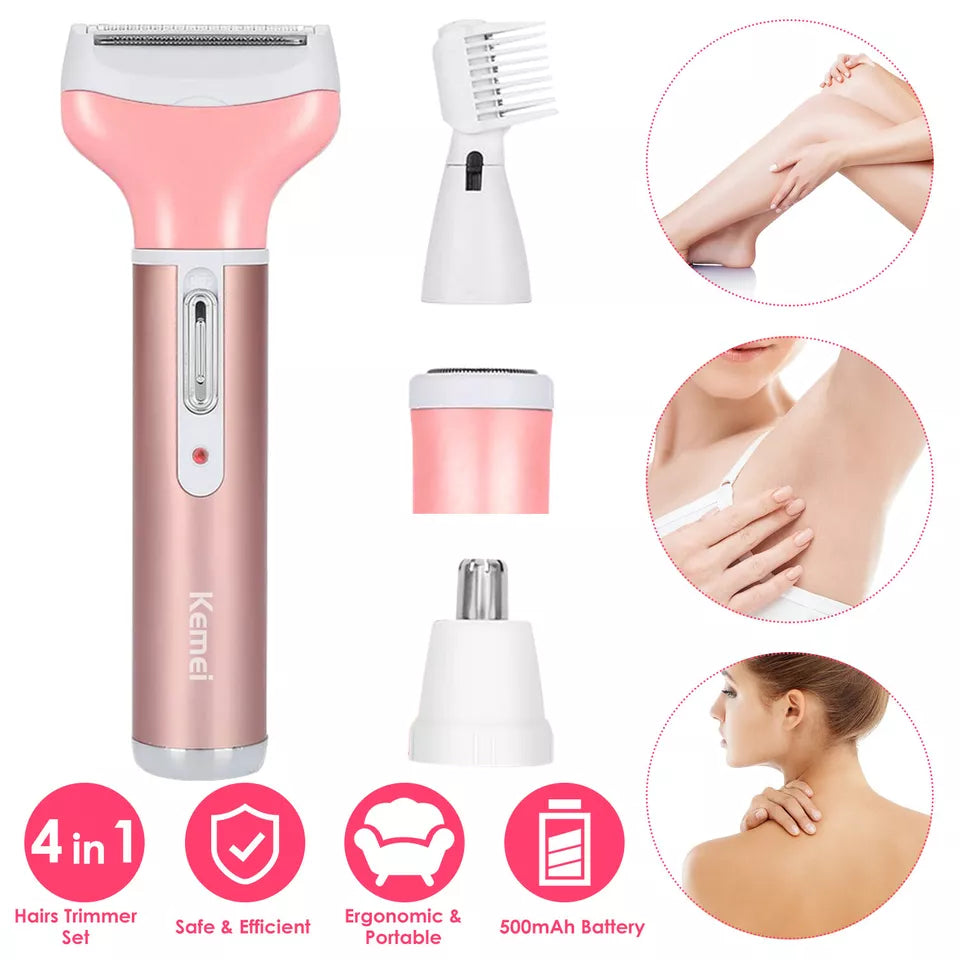 4-in-1 Rechargeable Hair Removal Trimmer for Women  | Lady Shaver, Eyebrow, Nose & Facial Hair Trimmer (Pink) – CocoKart™