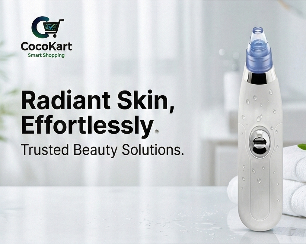 Beauty device with text 'Radiant Skin, Effortlessly' and 'CocoKart Smart Shopping' on a blurred background.