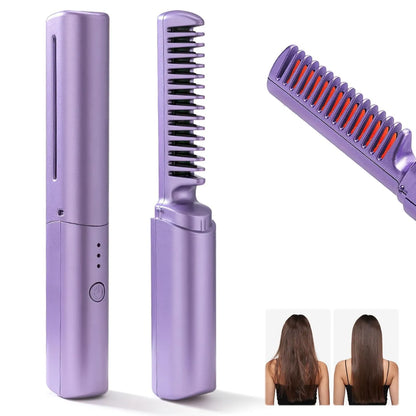 3-in-1 Rechargeable Mini Hair Straightener Comb Brush | Cordless Ceramic Hair Styler for Straightening, Curling & Smoothing – CocoKart™