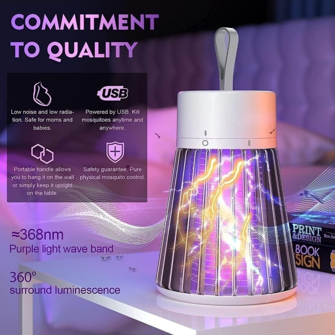 USB-powered mosquito killer lamp with purple light wave band on a white surface.
