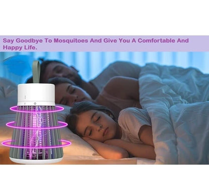 Mosquito repellent device on a bed with people sleeping, text indicating it helps in controlling mosquitoes.