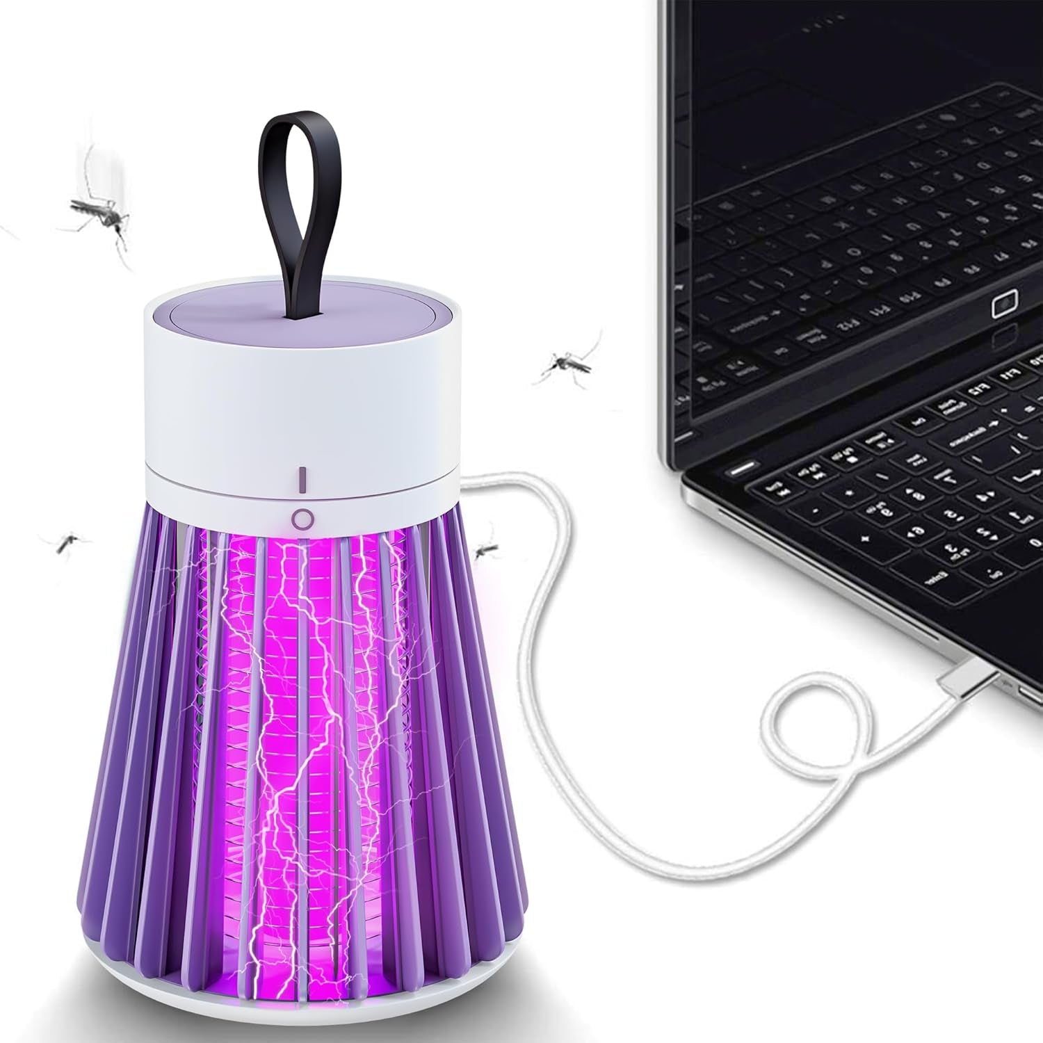 Purple insect repellent lamp next to a laptop on a white background