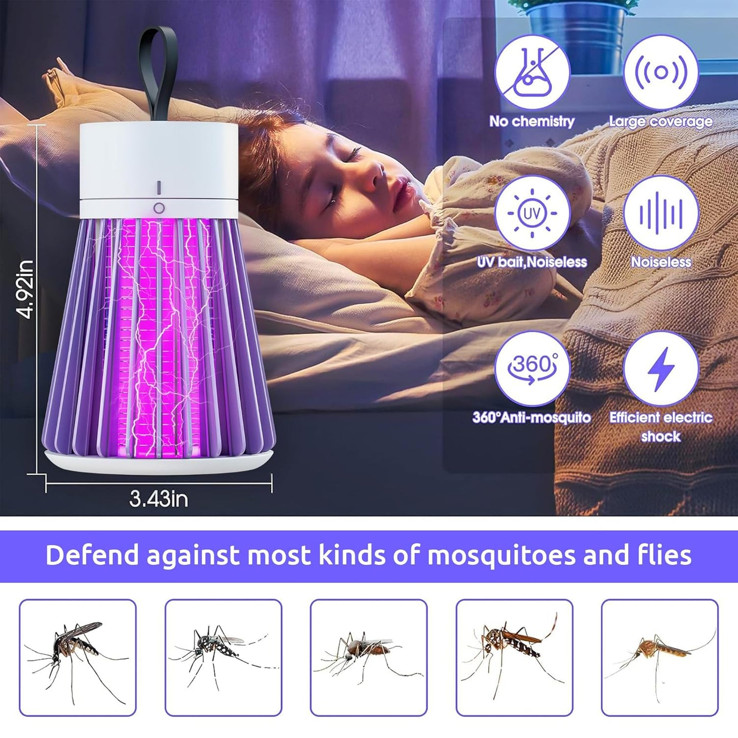 Mosquito and fly repellent device with features and measurements, shown in use.