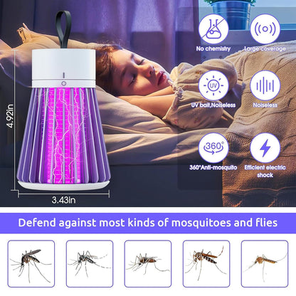 Mosquito and fly repellent device with features and measurements, shown in use.