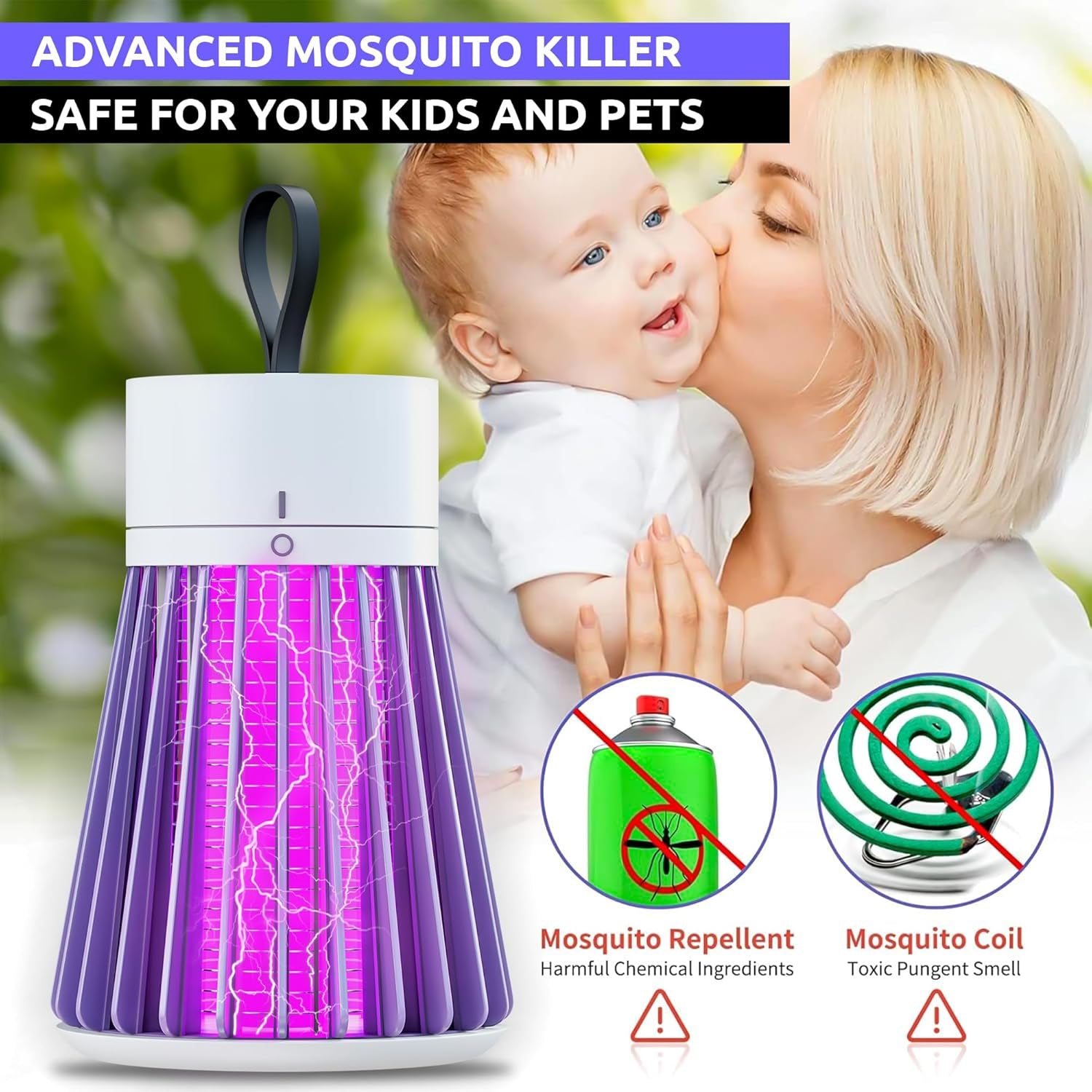 Advanced mosquito killer with a woman holding a baby, emphasizing safety for kids and pets.