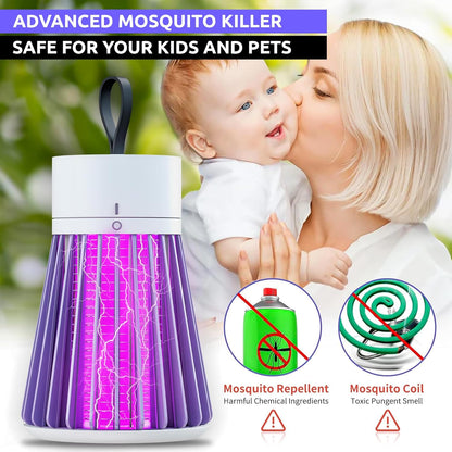 Advanced mosquito killer with a woman holding a baby, emphasizing safety for kids and pets.