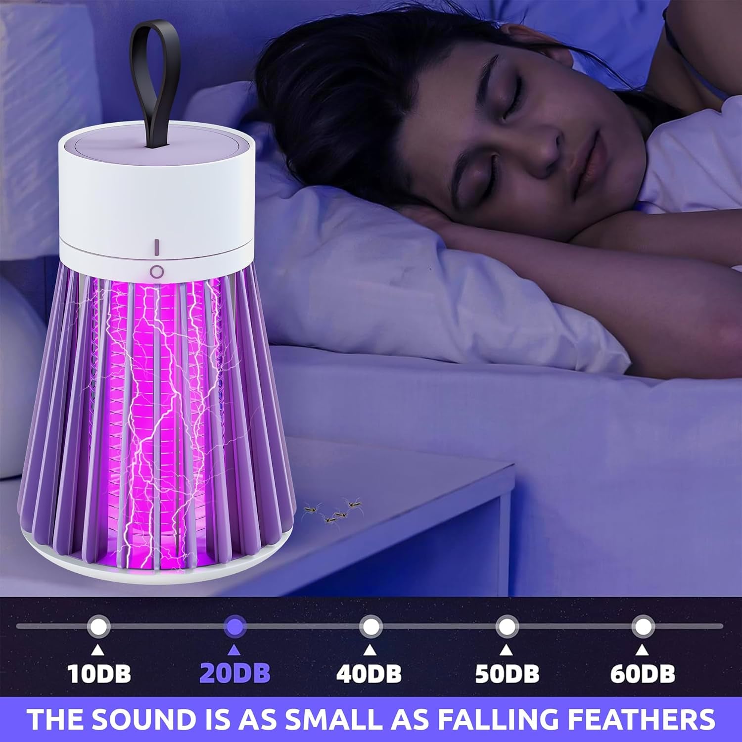 Electric Mosquito Killer Lamp — CocoKart Delhi
Woman sleeping in bed with a purple lamp emitting sound waves, indicating a relaxing environment.