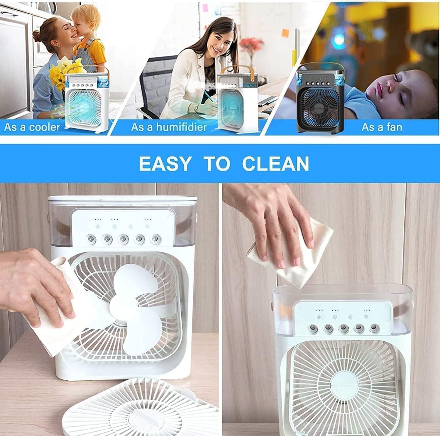 Portable Mini Air Cooler Fan with LED Light | USB Powered Personal AC Cooler with Timer, 3 Speeds & Mist Spray – CocoKart™