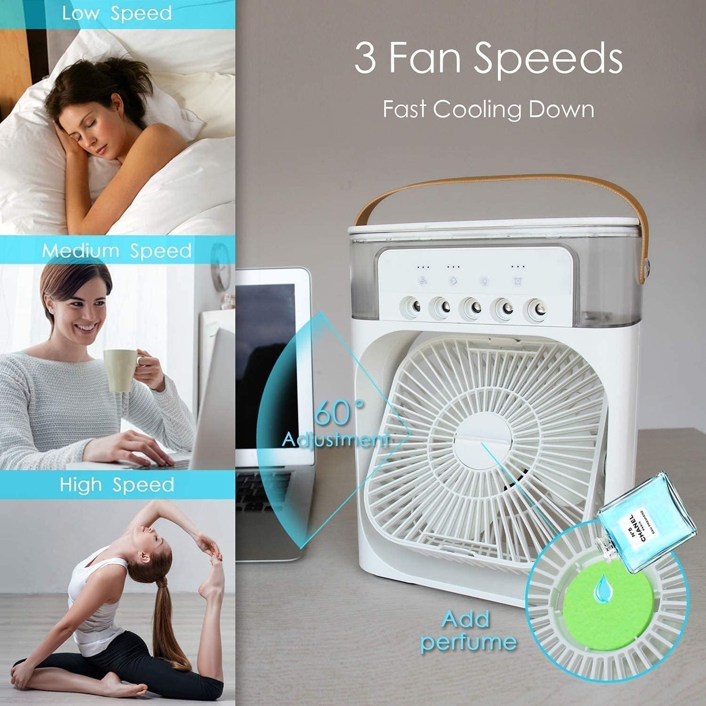 Portable Mini Air Cooler Fan with LED Light | USB Powered Personal AC Cooler with Timer, 3 Speeds & Mist Spray – CocoKart™