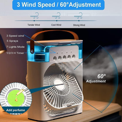 Portable Mini Air Cooler Fan with LED Light | USB Powered Personal AC Cooler with Timer, 3 Speeds & Mist Spray – CocoKart™