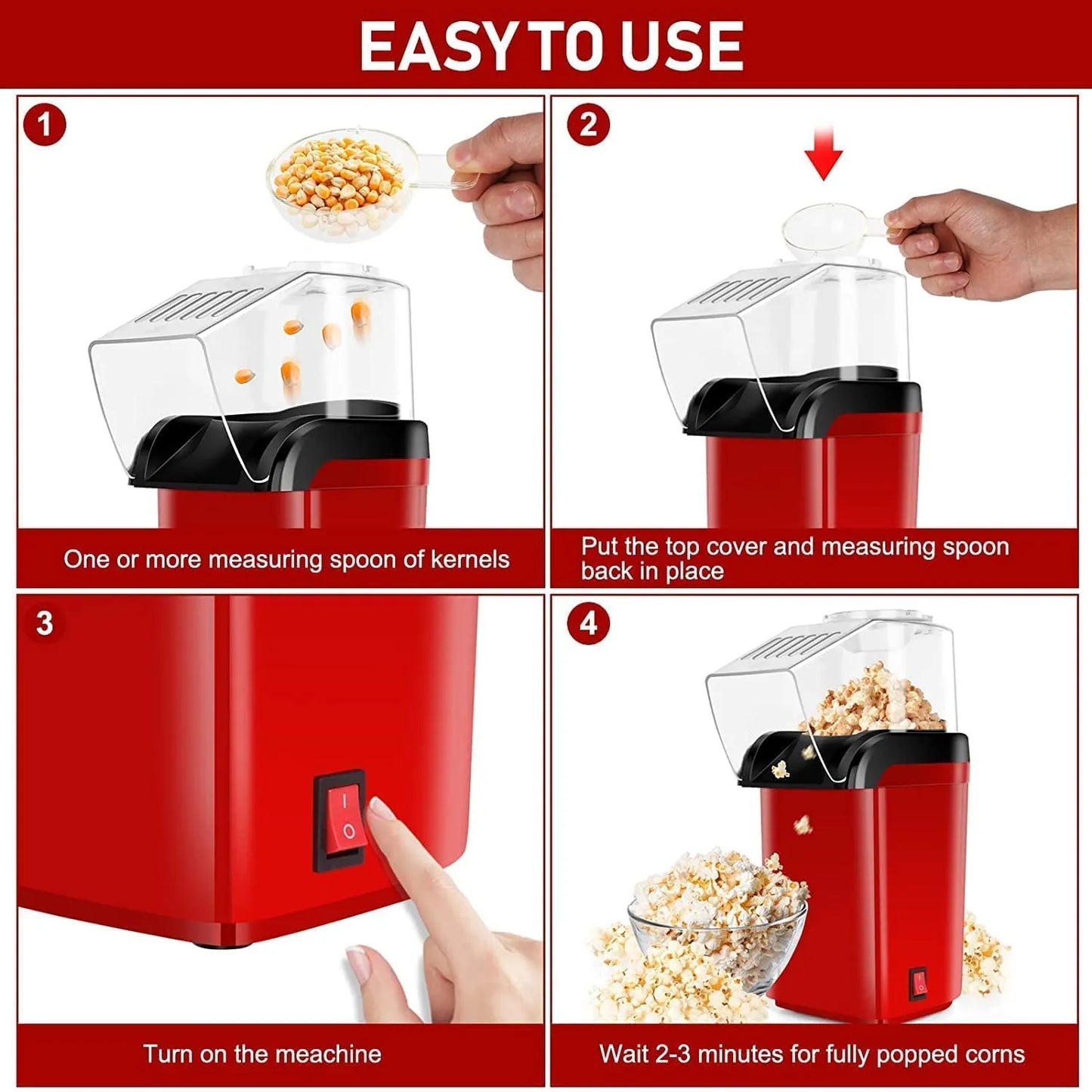 Oil-Free Popcorn Maker (1200W) | Electric Hot Air Popper Machine for Healthy Popcorn at Home – CocoKart™